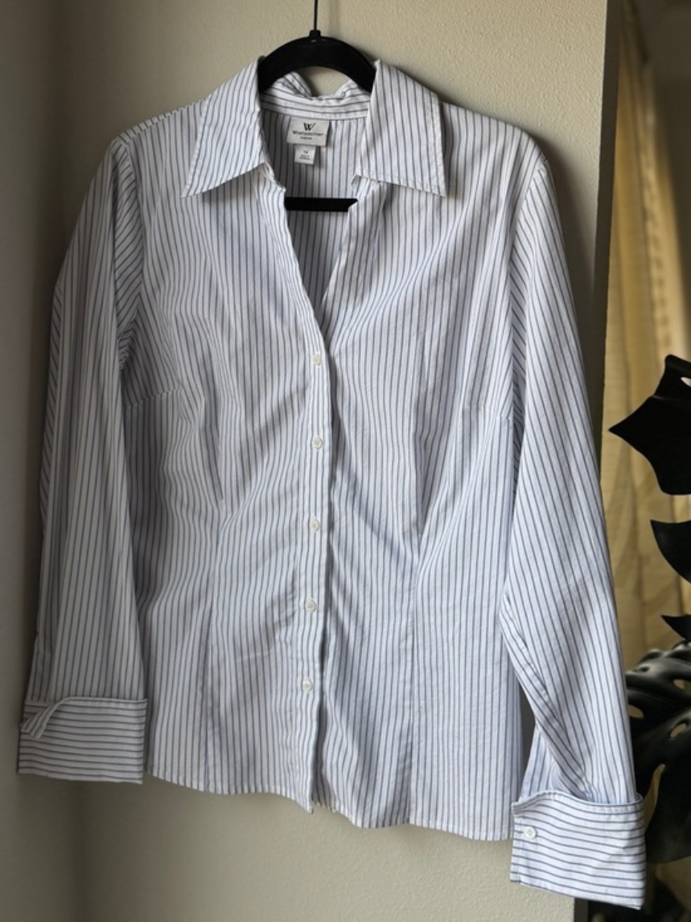 Worthington White Button-Up Shirt with Blue Pinstripes